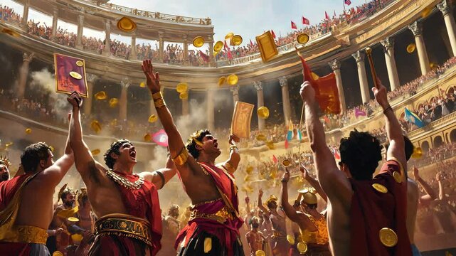 Victorious Roman Gladiators Celebrated in Arena with Gold Coins and Cheering Crowd, Ancient Rome Triumph and Spectacle