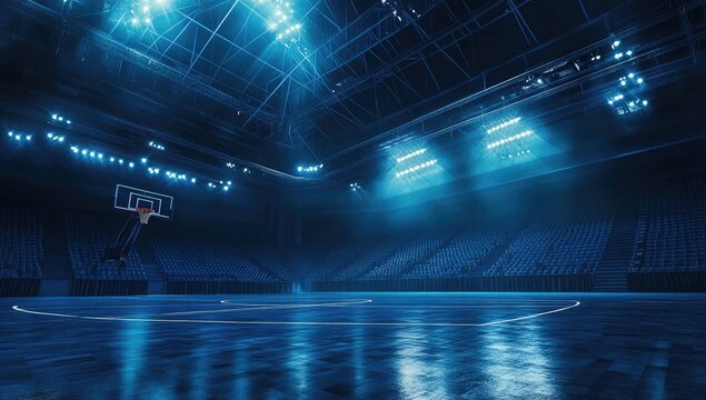 Empty basketball arena bathed in cool blue lights.  Spectator seats fill the stands, reflecting the intense spotlights on the court