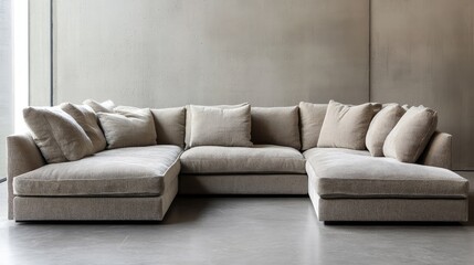 Elegant L-shaped sofa on polished concrete with strong natural window light