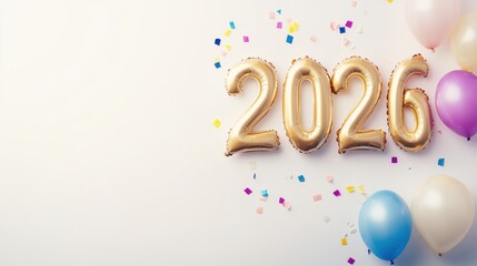 Naklejka premium Golden balloons display the year 2026 amidst colorful confetti and pastel balloons, creating a festive atmosphere for celebration