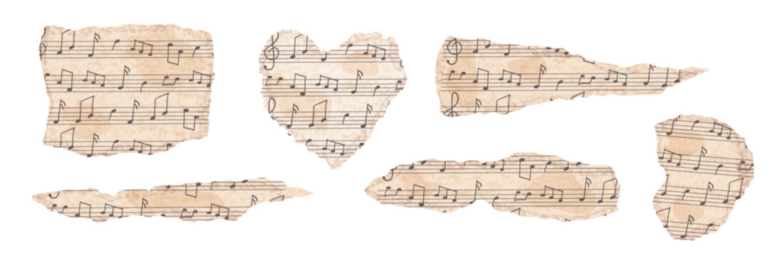 Set of ripped vintage music paper in beige color. Cut paper for collage and scrapbook