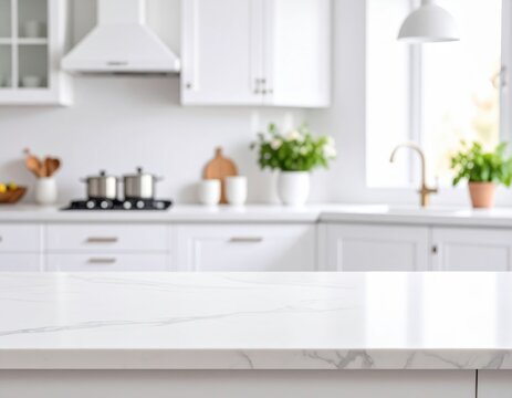 countertop with blurred home kitchen background in white