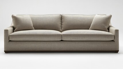 Front-facing shot of stylish minimalist couch with neutral fabric in open space