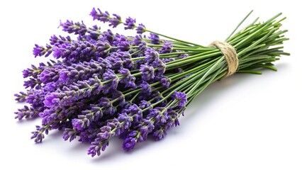 Aromatic lavender bouquet tied with twine on a clean white background