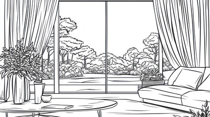 Fototapeta premium Modern living room overlooking lush garden; interior design illustration