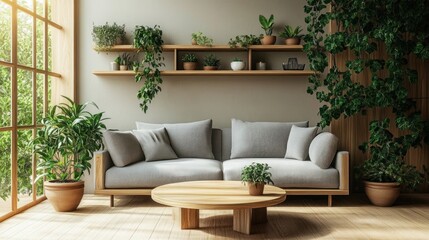 Modern living room with neutral gray sofa surrounded by various green plants on shelves and floor, natural light from large windows creating calm and cozy atmosphere