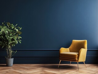 A mustard yellow armchair and a potted plant are featured