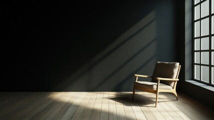 Obraz premium Sunlight streams into a dark room, illuminating an armchair. Interior design, mood, calm