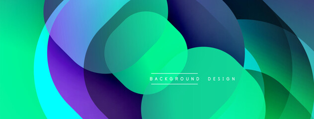 Abstract vibrant layers overlap. Green, blue, purple hues blend creating dynamic visual effect. Modern design element.