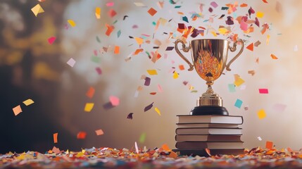 A trophy stands proudly on a pile of books, surrounded by vibrant confetti falling in celebration of success and knowledge