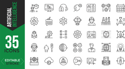 Artificial Intelligence Line Icon Set – Editable Stroke Vector Illustration

