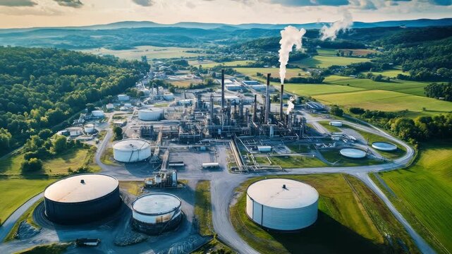 Aerial view of an industrial refinery surrounded by lush fields, capturing the contrast between nature and industry, ideal for a documentary video.