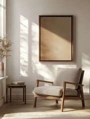 The sunlit room features a cozy chair and a framed artwork