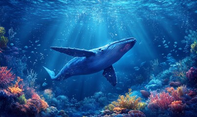 Obraz premium A deep-sea view with a majestic blue whale swimming in the midst