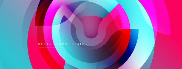 Vibrant abstract design features overlapping circles, gradients. Colors include blue, pink, purple creating dynamic visual effect.