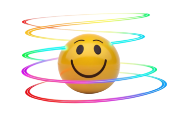 PNG Smiley face with vibrant rainbow spiral surrounding yellow sphere
