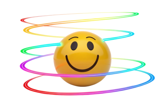 PNG Smiley face with vibrant rainbow spiral surrounding yellow sphere