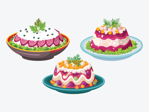 vector illustration of a russian food Selyodka Pod Shuboy (Herring Under a Fur Coat Salad)