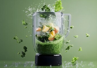 3D blender with fresh greens and fruit exploding mid-blend with energy splash