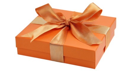 a orange gift box with a gold ribbon