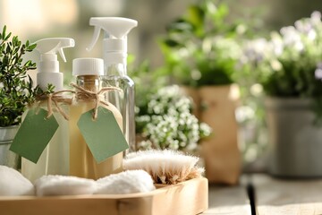 3D close-up of natural cleaning products with green tags
