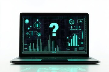 Laptop displaying a question mark on a tech-themed screen