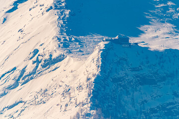 Detailed megazoom (600mm) view of the famous Watzmann house seen from near Berchtesgaden, Bavaria, Germany