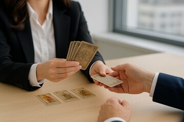 This AI-generated image features a close-up scene of a tarot reading between two professionals in a contemporary office setting. A woman in a black blazer is offering tarot cards to a man 