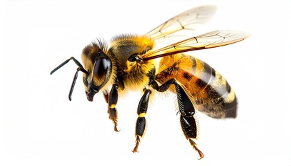 Detailed side view of a honeybee in flight.