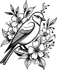 hand drawn illustration of bird on flower