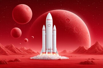 Obraz premium A futuristic spacecraft launching from a Martian base under a red sky