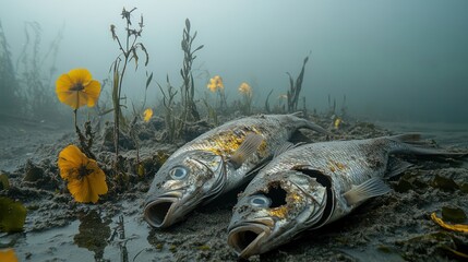 Two dead fish lie amidst underwater yellow flowers and murky sediment.  Their bodies show signs of decay