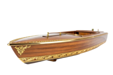 PNG Elegant wooden model boat with gold accents and detailed carvings