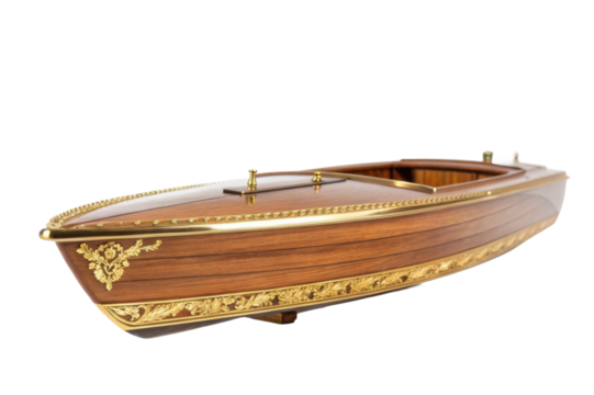 PNG Elegant wooden model boat with gold accents and detailed carvings