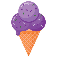 Lavender flavored ice cream in waffle cone isolated vector illustration on white background
