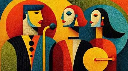 Illustration of a music band on stage with balloons made in a cubism style.