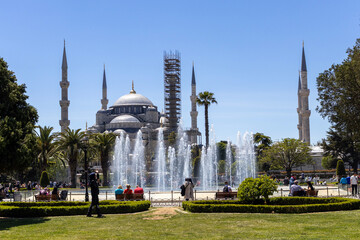 Images of historical Istanbul and the Bosphorus. The photograph includes tourists, ferries and flying birds. Hagia Sophia. Sultan Ahmet Mosque. Suleymaniye. Eminonu. Sirkeci. 