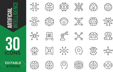 Artificial Intelligence Line Icon Set – Editable Stroke Vector Illustration

