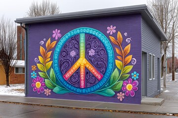 A street mural of a tricolor flag with a peace message overlay