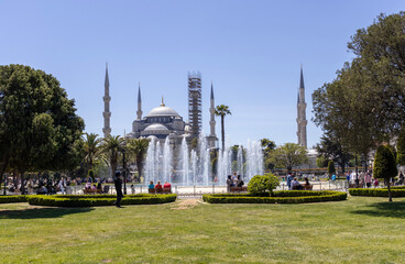 Images of historical Istanbul and the Bosphorus. The photograph includes tourists, ferries and flying birds. Hagia Sophia. Sultan Ahmet Mosque. Suleymaniye. Eminonu. Sirkeci. 