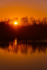 Spring sunset or sundowner with reflections near Niederpoering, Isar, Oberpoering, Deggendorf,...
