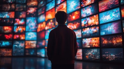Person standing in front of a large curved wall covered with numerous colorful digital screens displaying various blurred images creating an immersive futuristic atmosphere