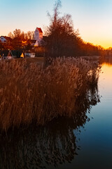 Spring sunset or sundowner with reflections near Niederpoering, Isar, Oberpoering, Deggendorf,...