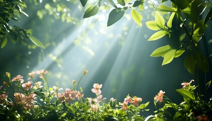 Obraz premium A serene scene of sunlight filtering through leaves, illuminating colorful flowers in a tranquil garden.