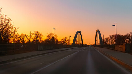 Spring sunset or sundowner view with a bridge near Plattling, Isar, Deggendorf, Bavaria, Germany