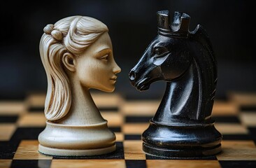 Close-up of a white queen chess piece with a female face and a black knight chess piece shaped like a horse on a chessboard, facing each other closely