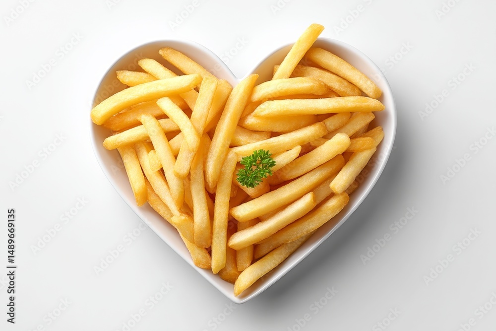 Poster a 2d flat illustration of crispy fries arranged in a heart shape on white background