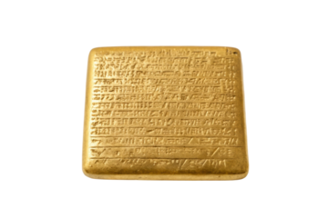 PNG Ancient inscribed gold tablet with cuneiform script on black background