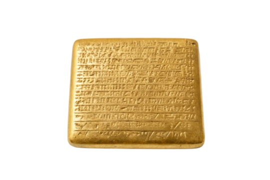PNG Ancient inscribed gold tablet with cuneiform script on black background - Powered by Adobe