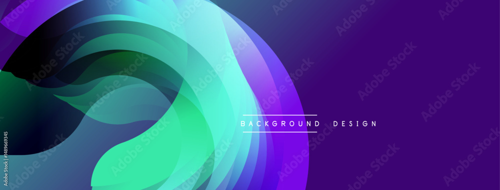 Poster Abstract flowing layers, vibrant colors. Purple, green, turquoise blend creating dynamic visual effect. Modern design element.
